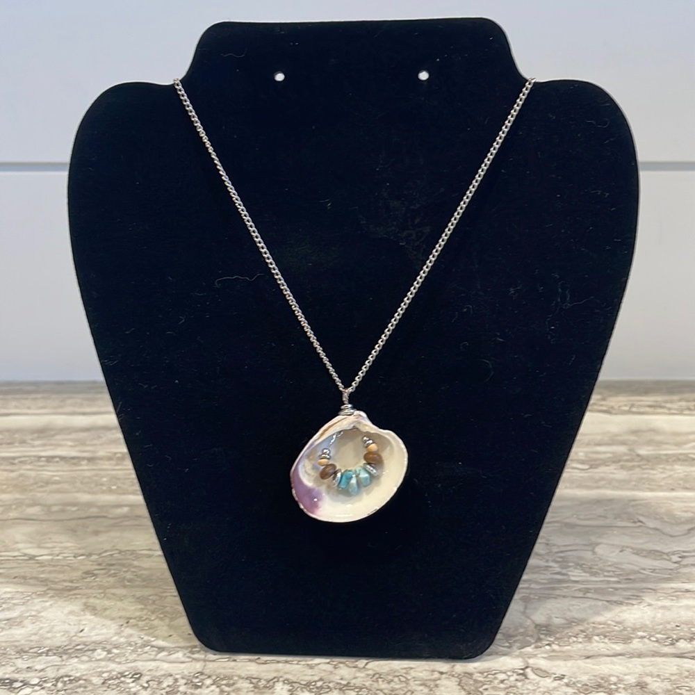 Handmade Necklace with Clam Seashell with turquoise, wood and silver beads.